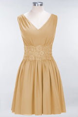 Pretty V-Neck Short Sleeveless Lace Bridesmaid Dresses Online-Babyonlines