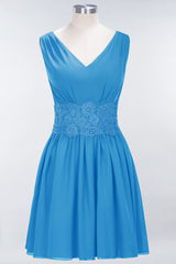 Pretty V-Neck Short Sleeveless Lace Bridesmaid Dresses Online-Babyonlines