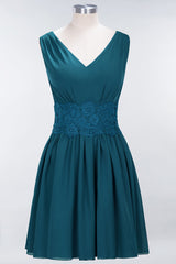 Pretty V-Neck Short Sleeveless Lace Bridesmaid Dresses Online-Babyonlines