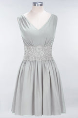 Pretty V-Neck Short Sleeveless Lace Bridesmaid Dresses Online-Babyonlines
