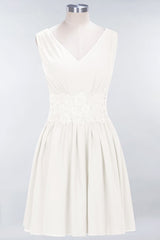 Pretty V-Neck Short Sleeveless Lace Bridesmaid Dresses Online-Babyonlines