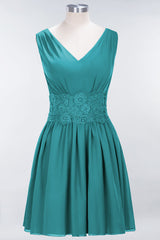 Pretty V-Neck Short Sleeveless Lace Bridesmaid Dresses Online-Babyonlines