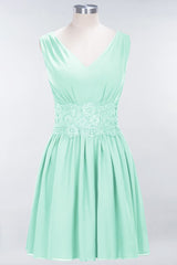 Pretty V-Neck Short Sleeveless Lace Bridesmaid Dresses Online-Babyonlines