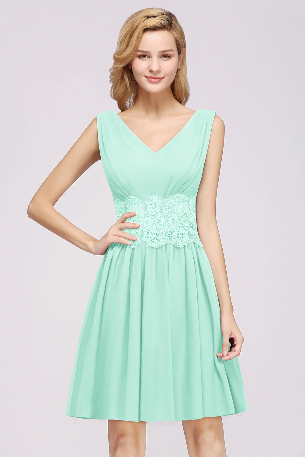Pretty V-Neck Short Sleeveless Lace Bridesmaid Dresses Online-Babyonlines
