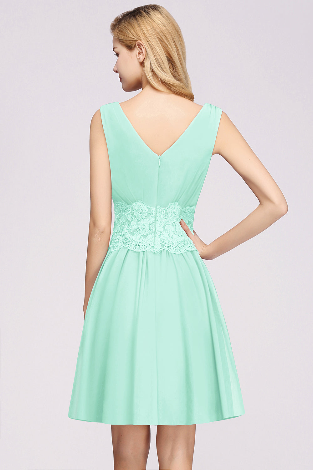 Pretty V-Neck Short Sleeveless Lace Bridesmaid Dresses Online-Babyonlines