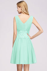 Pretty V-Neck Short Sleeveless Lace Bridesmaid Dresses Online-Babyonlines