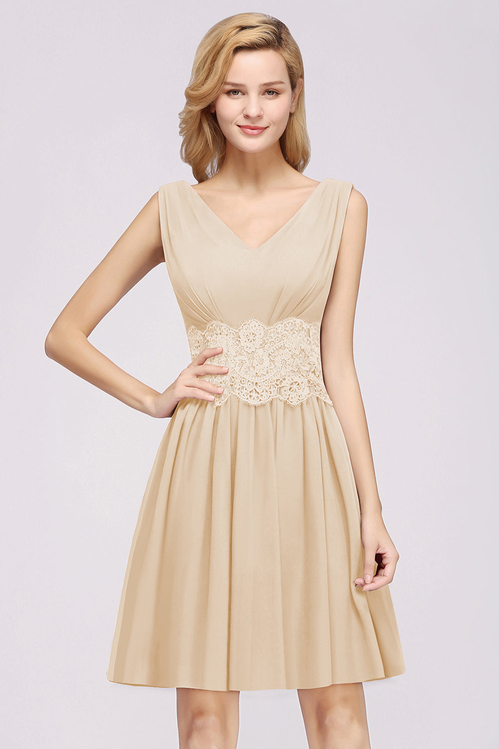 Pretty V-Neck Short Sleeveless Lace Bridesmaid Dresses Online-Babyonlines
