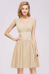 Pretty V-Neck Short Sleeveless Lace Bridesmaid Dresses Online-Babyonlines