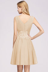 Pretty V-Neck Short Sleeveless Lace Bridesmaid Dresses Online-Babyonlines