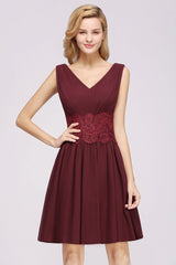 Pretty V-Neck Short Sleeveless Lace Bridesmaid Dresses Online-Babyonlines