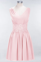 Pretty V-Neck Short Sleeveless Lace Bridesmaid Dresses Online-Babyonlines