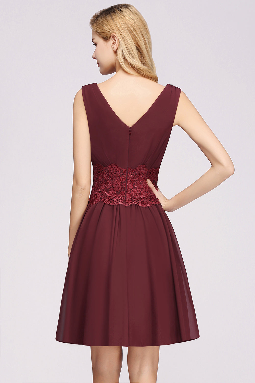 Pretty V-Neck Short Sleeveless Lace Bridesmaid Dresses Online-Babyonlines