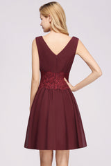 Pretty V-Neck Short Sleeveless Lace Bridesmaid Dresses Online-Babyonlines