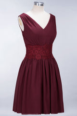 Pretty V-Neck Short Sleeveless Lace Bridesmaid Dresses Online-Babyonlines