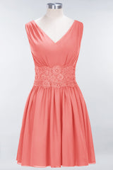Pretty V-Neck Short Sleeveless Lace Bridesmaid Dresses Online-Babyonlines