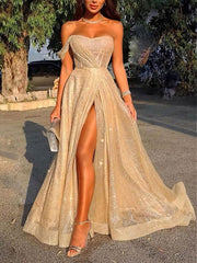 Princess One-Shoulder Glitter Prom Dress with Ruffles and Sweep Train