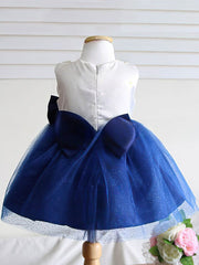 Princess Scoop Neck Satin Tulle Tea-length Bow Flower Girl Dresses