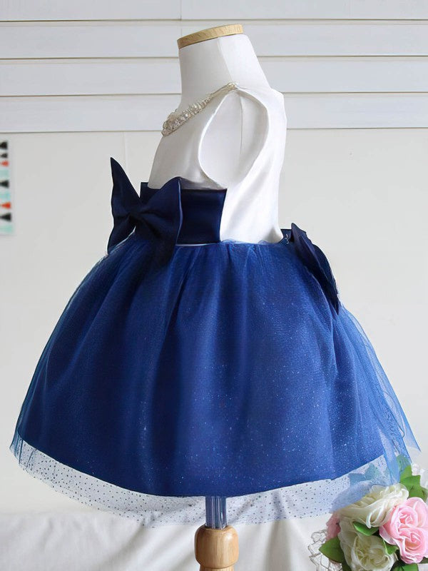 Princess Scoop Neck Satin Tulle Tea-length Bow Flower Girl Dresses