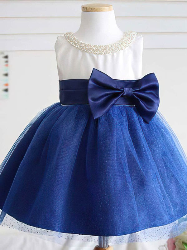 Princess Scoop Neck Satin Tulle Tea-length Bow Flower Girl Dresses