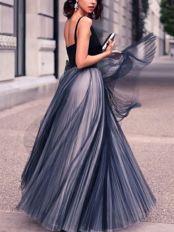 Princess V-Neck Satin Tulle Pleated Floor-Length Prom Dress