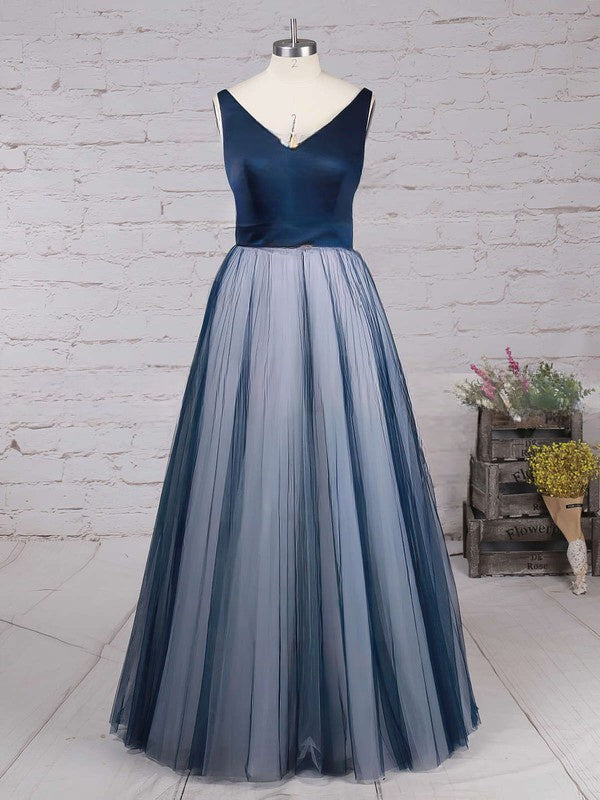 Princess V-Neck Satin Tulle Pleated Floor-Length Prom Dress
