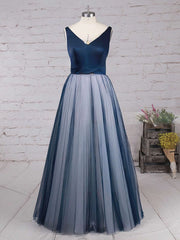 Princess V-Neck Satin Tulle Pleated Floor-Length Prom Dress