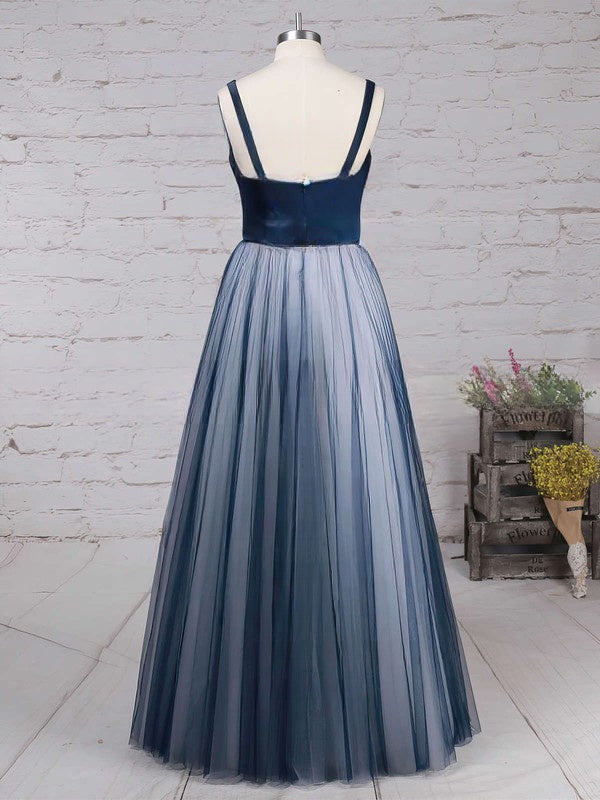 Princess V-Neck Satin Tulle Pleated Floor-Length Prom Dress