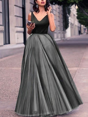 Princess V-Neck Satin Tulle Pleated Floor-Length Prom Dress