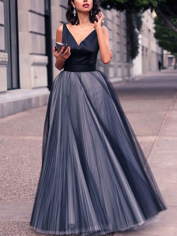 Princess V-Neck Satin Tulle Pleated Floor-Length Prom Dress