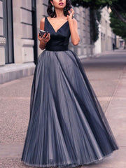 Princess V-Neck Satin Tulle Pleated Floor-Length Prom Dress