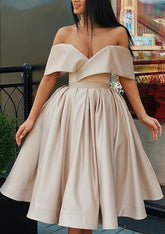 Ruffled Satin Off-the-Shoulder Ball Gown Homecoming Dress - Babyonlines