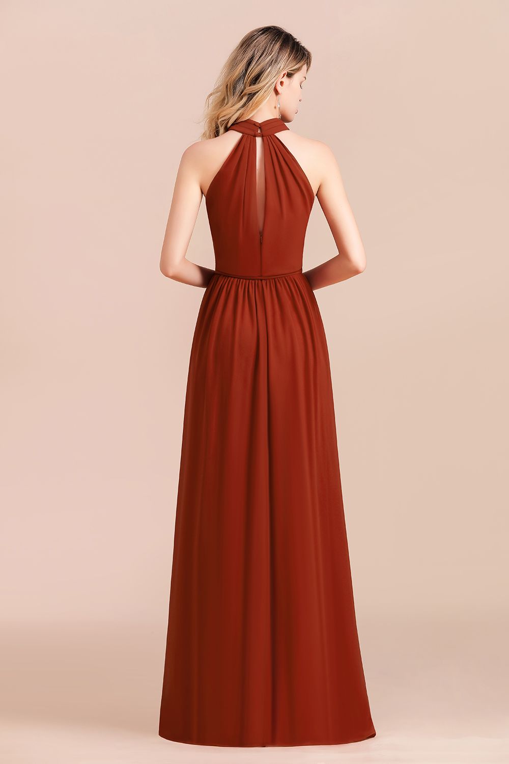 Rust Halter Long Bridesmaid Dresses Online With Front Split-Babyonlines