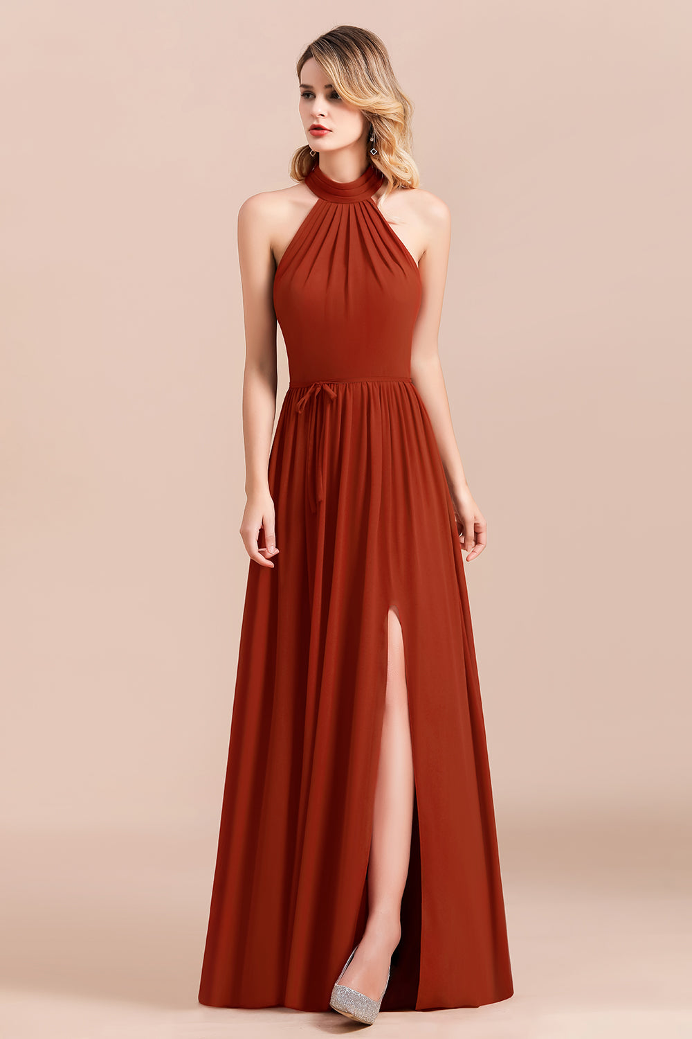 Rust Halter Long Bridesmaid Dresses Online With Front Split-Babyonlines