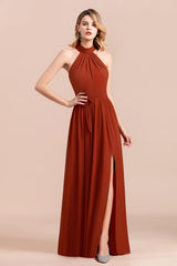 Rust Halter Long Bridesmaid Dresses Online With Front Split-Babyonlines