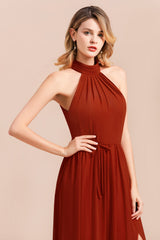 Rust Halter Long Bridesmaid Dresses Online With Front Split-Babyonlines