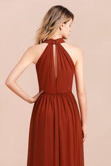 Rust Halter Long Bridesmaid Dresses Online With Front Split-Babyonlines