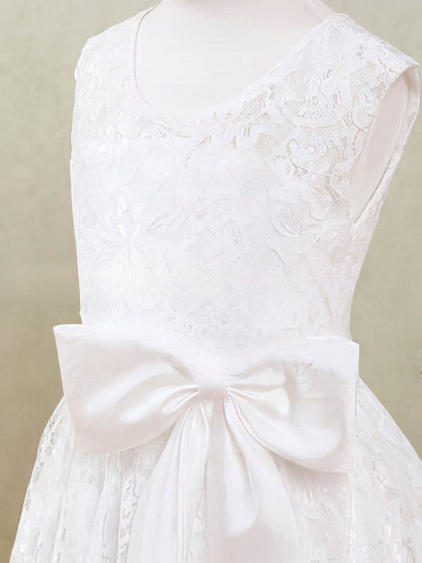Sashes / Ribbons Flower Girl Dress - A-line Scoop Neck Lace Ankle-length