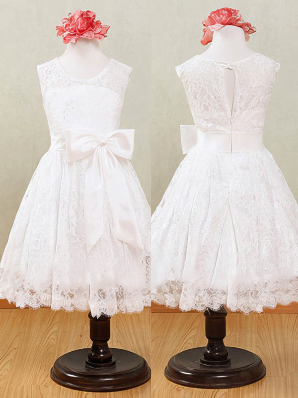 Sashes / Ribbons Flower Girl Dress - A-line Scoop Neck Lace Ankle-length