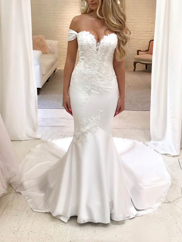 Satin Sweep Train Wedding Dress with Appliques Lace for Trumpet/Mermaid Off-the-shoulder Look