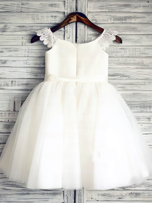 Scoop Neck Lace Satin Tulle Ball Gown with Sashes/Ribbons and Flowers for Girls