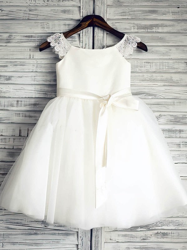 Scoop Neck Lace Satin Tulle Ball Gown with Sashes/Ribbons and Flowers for Girls