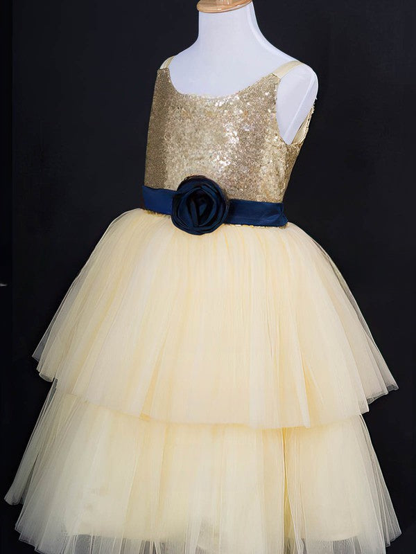 Scoop Neck Tulle Sequined Ball Gown with Sashes and Flowers for Girls