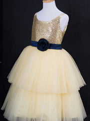 Scoop Neck Tulle Sequined Ball Gown with Sashes and Flowers for Girls