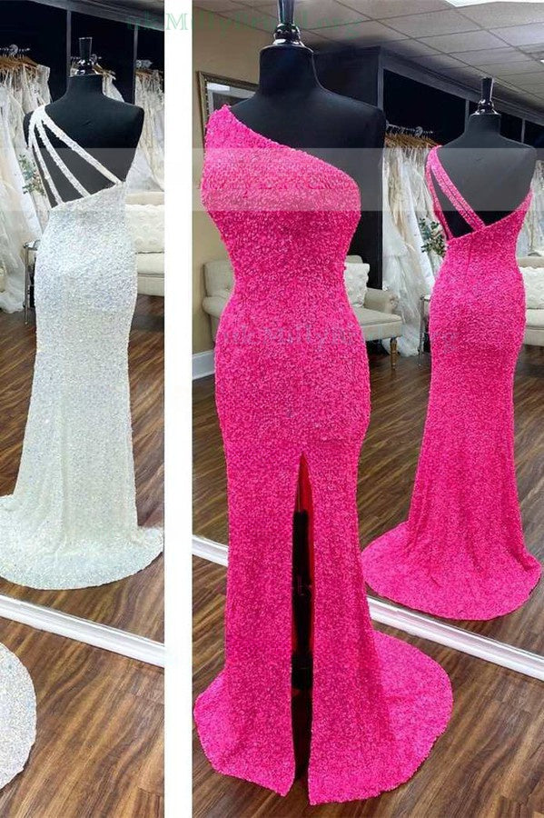 Sequined Velvet One Shoulder Sheath Prom Dress with Split Front Train