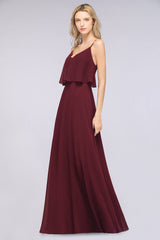 Sexy Chiffon V-Neck Burgundy Chiffon Bridesmaid Dresses with Spaghetti Straps-Babyonlines