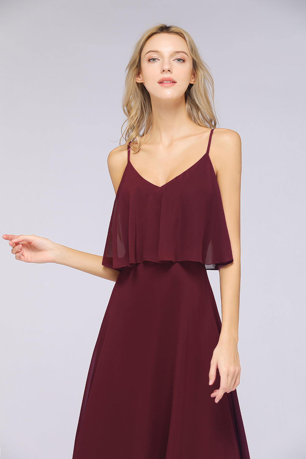 Sexy Chiffon V-Neck Burgundy Chiffon Bridesmaid Dresses with Spaghetti Straps-Babyonlines