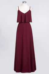 Sexy Chiffon V-Neck Burgundy Chiffon Bridesmaid Dresses with Spaghetti Straps-Babyonlines