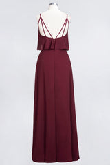 Sexy Chiffon V-Neck Burgundy Chiffon Bridesmaid Dresses with Spaghetti Straps-Babyonlines