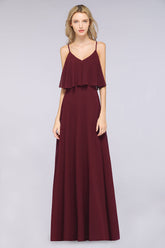 Sexy Chiffon V-Neck Burgundy Chiffon Bridesmaid Dresses with Spaghetti Straps-Babyonlines