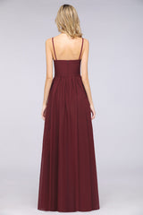 Sexy Deep-V-Neck Appliques Burgundy Chiffon Bridesmaid Dress with Slit-Babyonlines